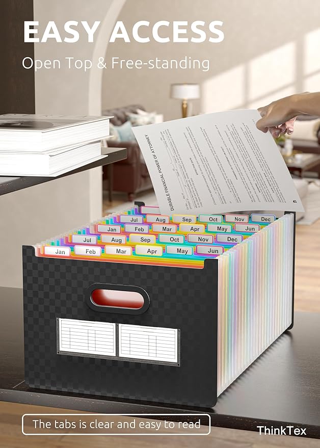 ThinkTex 26 Pockets Expanding File Folder, Upright & Open Top, A-Z Colorful Tabs, Larger Capacity Accordian Folder, Letter/A4 Size for School, Home and Office