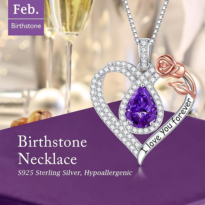 Hidepoo Christmas Gifts for Women Mom Wife - Sterling Silver Rose Heart Birthstone Necklace I Love You Forever Heart Pendant Teardrop Necklace Jewelry Anniversary Valentines Christmas Birthday Gifts