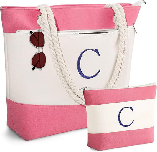 YOOLIFE Christmas Gifts for Women - Initial Canvas Tote Bag & Makeup Bag, Birthday Gifts for Women Mom Teacher Friend Sister