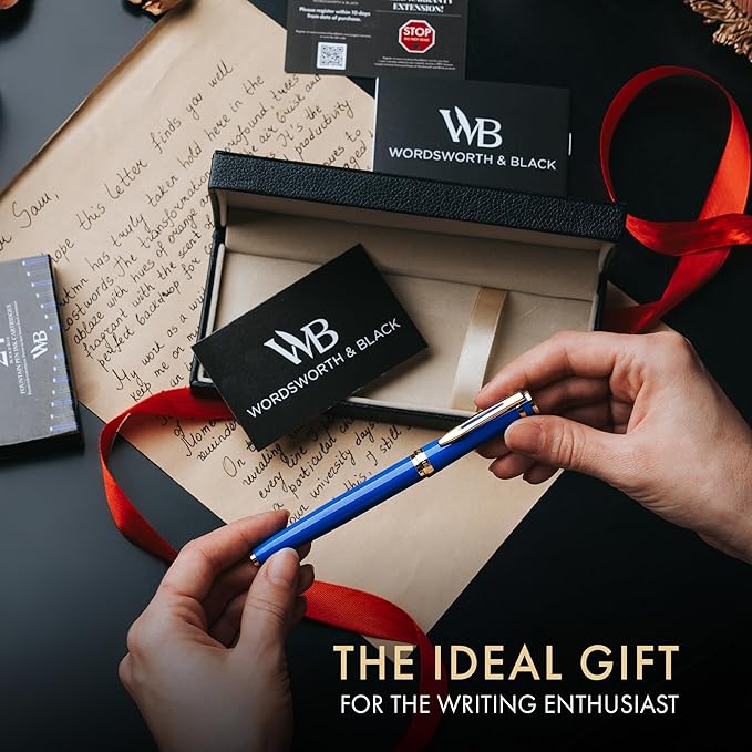 Wordsworth & Black Fountain Pen Set, 18K Gilded Medium Nib, Includes 24 Pack Ink Cartridges, Ink Refill Converter & Gift Box, Gold Finish, Calligraphy, [Imperial Blue], Perfect for Men & Women