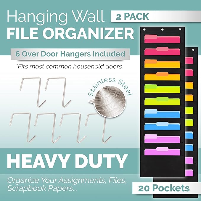 Hippo Creation Heavy Duty Storage Pocket Chart for Classroom, 10 Pocket Storage Organizer with 6 Over-Door Hangers, Hanging Wall Organizer for File Folders, School Mailbox, Home Office Papers - Black