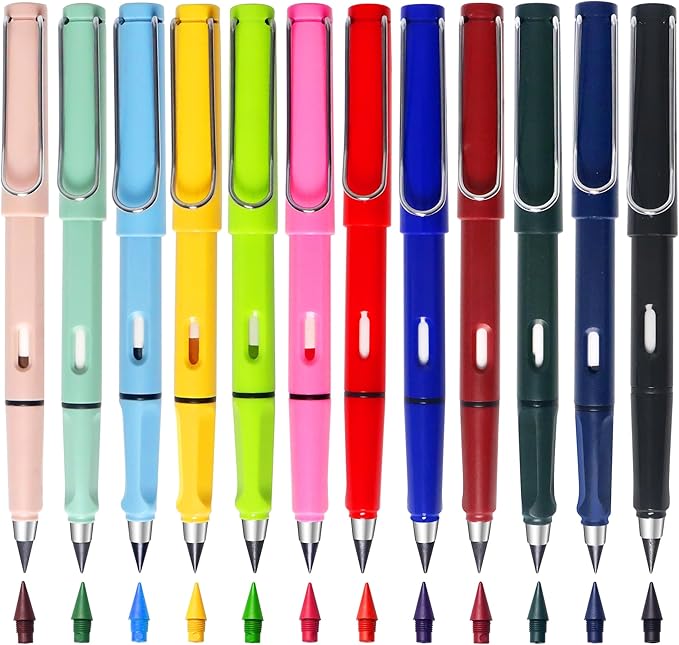 12Pack Forever Pencils for Kids Writing, Infinity Pencil Cute Inkless Everlasting Pencil with Eraser for Sketching (Black+Multicolor)