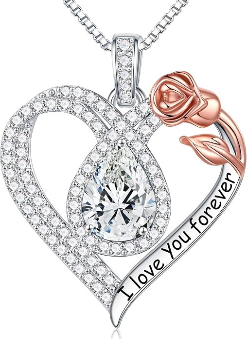 Hidepoo Christmas Gifts for Women Mom Wife - Sterling Silver Rose Heart Birthstone Necklace I Love You Forever Heart Pendant Teardrop Necklace Jewelry Anniversary Valentines Christmas Birthday Gifts