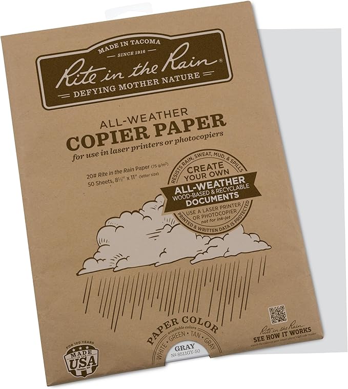 Rite in the Rain Weatherproof Laser Printer Paper, 8 1/2" x 11", 20# Gray Colored Printer Paper, 50 Sheet Pack (No. 8511GY-50)