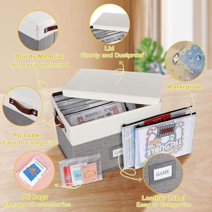 Board Game Storage, Board Game Organizer with 12pcs Zipper Bags and Writable Stickers, Board Game Organizers Storage with Lid for Office Supplies, Puzzles, Video Game, Craft Product