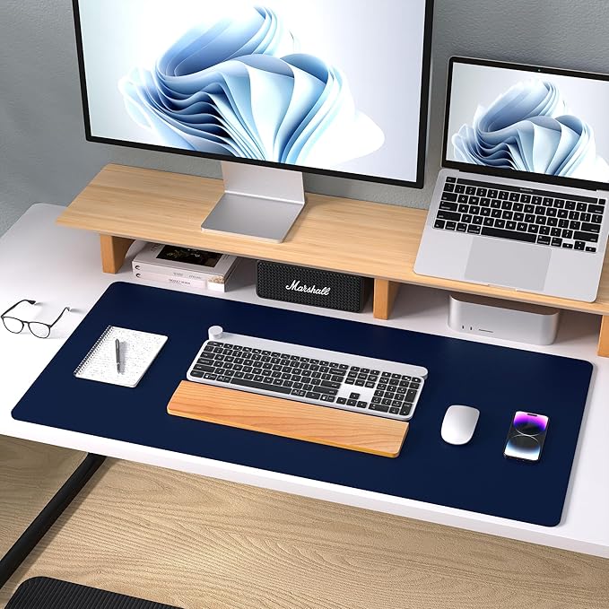 Aothia Leather Desk Pad Protector, Mouse Pad, Office Desk Mat, Non-Slip PU Leather Desk Blotter, Laptop Desk Pad, Waterproof Desk Writing Pad for Office and Home (Dark Blue,23.6" x 13.7")