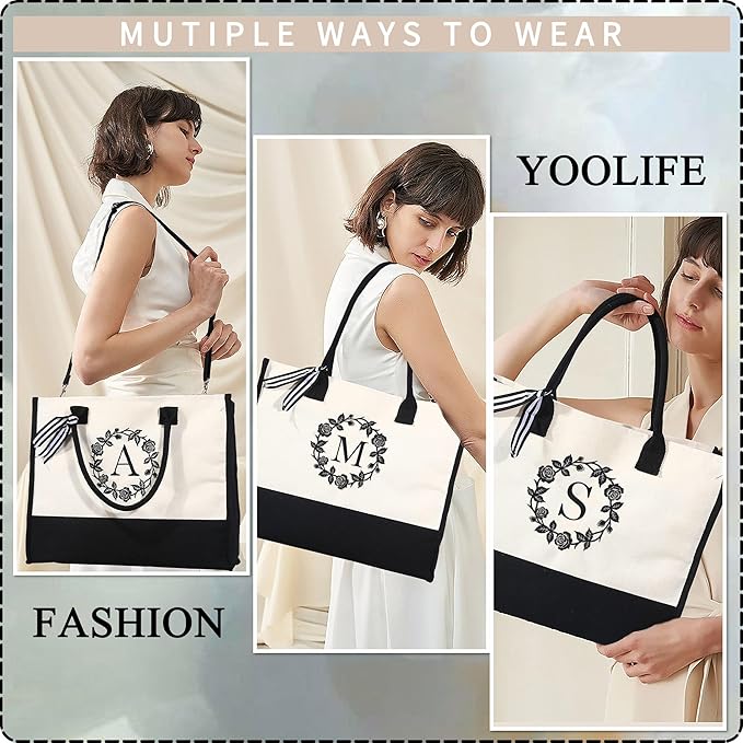 YOOLIFE Initial Canvas Tote Bag for Women, Personalized Gifts for Women Mom Gift Bags Beach Bag with Makeup Bag Birthday Gifts for Women Wedding Teacher Friend Wife Birthday Gifts Bridesmaid Gifts F