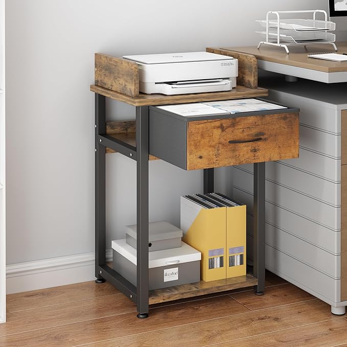 TigerDad Printer Stand with Storage Drawer, Multifunctional Desk Organizer for Fax Machine Scanner Files Utility Carts for Office Supplies, File Cabinet, Space Saving Design for Home Office