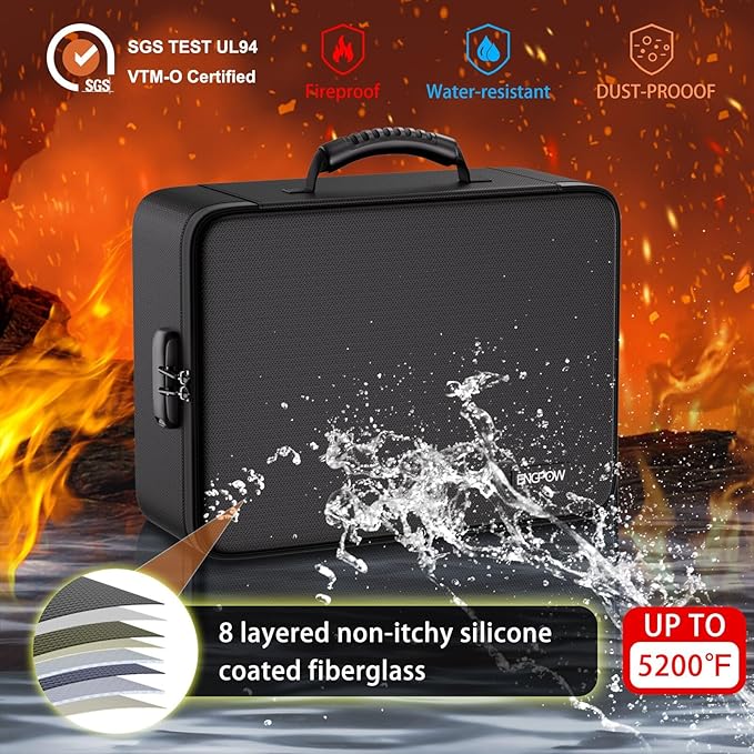 ENGPOW 5200℉ Fireproof File Organizer Bag with 13 Pocket Accordion File Folder,Document Organizer Box with Lock&Labels,Multi-Layer Portable Home Travel Safe Storage Box for Important Documents,Files
