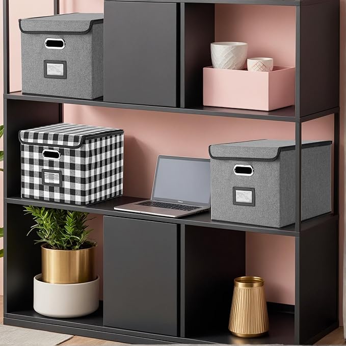 File Organizer Box with Lid, Collapsible File Folder with Plastic Slide for Office/Decor/Home, Hanging Office Document Storage, 14.96 x 12.6 x 10.83 inch，1 pack - without folders，Gray