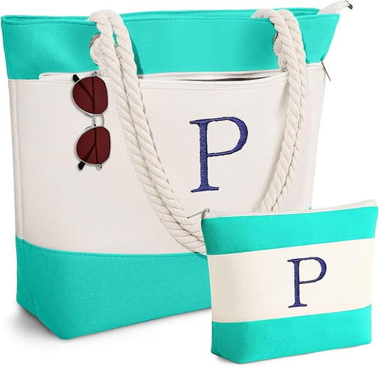 YOOLIFE Christmas Gifts for Women - Initial Canvas Tote Bag & Makeup Bag, Birthday Gifts for Women Mom Teacher Friend Sister