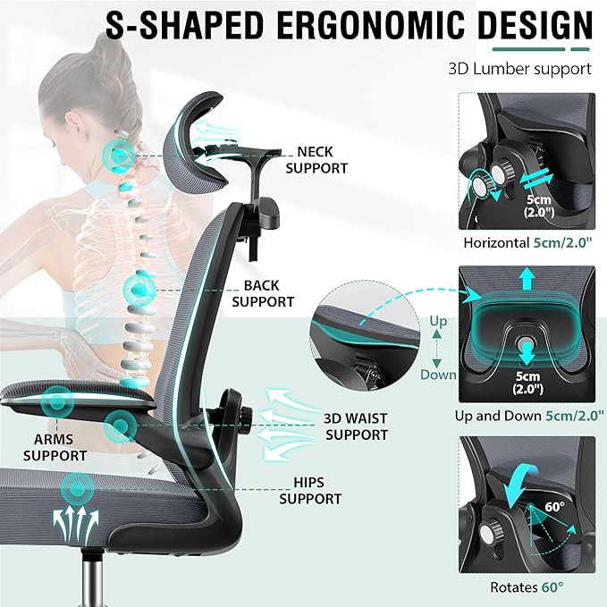 Drafting Chair, Tall Office Chair with 3D Lumbar & Head Support, Ergonomic Mesh Standing Desk Chair with Footring, Comfy Extended High Desk Chair with Flip-Up Arms & Hanger (Dark Gray)