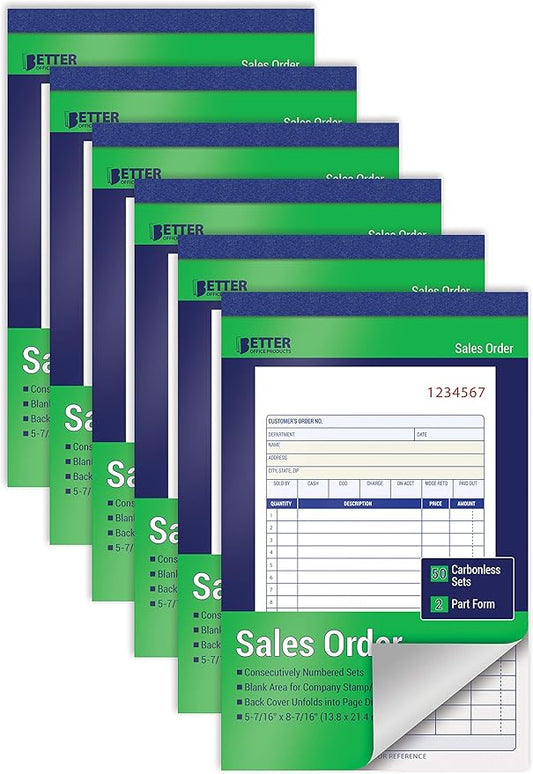Better Office Products Large Sales Order Books, 6 Pack, 2-Part Carbonless (White/Canary Yellow), 5-7/16 x 8-7/16 inches, 50 Sets per Book, 300 Total Sets, 6 Books