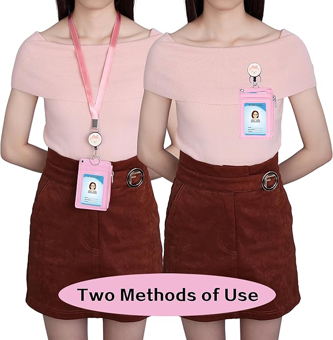 Cute ID Badge Holder Retractable Lanyard Reel Clip with Heavy Duty Carabiner, 5 Card Slots in 2 Sided with Key Ring and Zipper for Students Teens Boys Girls Office Staff Women (Pink Bear)