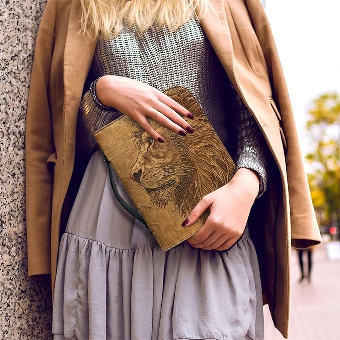 Lotusorchid Lion Print Bible Bag for Men, PU Leather Bible Cover Sturdy Bible Book Carrying Bags Christian Bible Study Accessories for Bible Study, Brown, L