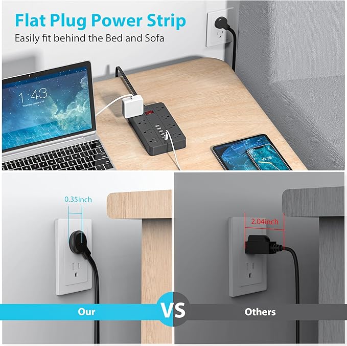 Surge Protector Flat Extension Cord Flat Plug Power Strip, AOFO 8 Widely Spaced Outlets and 6 USB Charger(1 USB C Port), 5 Ft, for Travel, Office, School, Dorm Room Essentials, Black