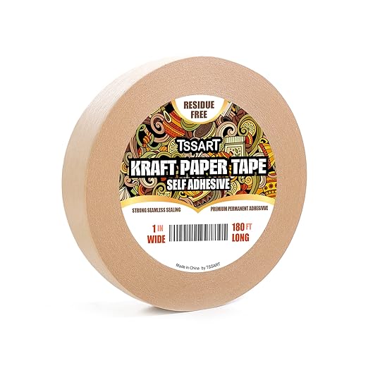 Kraft Paper Tape K49 - Self Adhesive Brown Frame Backing Tape Packing Tape with Oxidation Resistance for Picture Framing, Masking, Sealing and Packaging Use - 1inch Wide 180FT Long