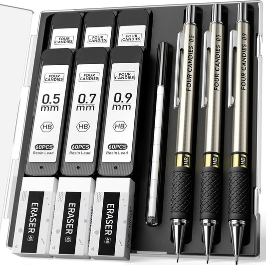 Four Candies Metal Mechanical Pencil Set - 3PCS 0.5 & 0.7 & 0.9 mm Art Pencils & 360PCS HB Lead Refills & 3PCS Erasers & 9PCS Eraser Refills, for Drawing, Writing, Sketching, Drafting - With Case