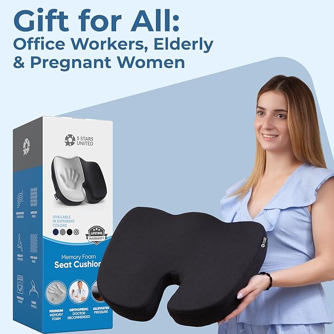 5 STARS UNITED Seat Cushion for Desk Chair - Tailbone, Coccyx Sciatica Pain, Pressure Relief - Office Chair, Wheelchair, Car Cushions - Cooling Memory Foam