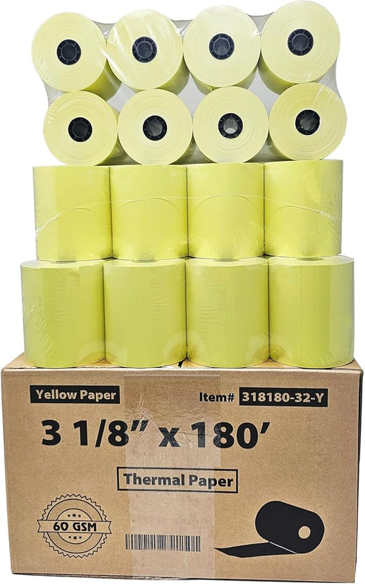(96 Rolls) 3 1/8 x 180 Yellow Thermal Paper Receipt Rolls (55 GSM Paper Thickness) fits all Clover POS Cash Register Printers, Blue Thermal Paper from BuyRegisterRolls