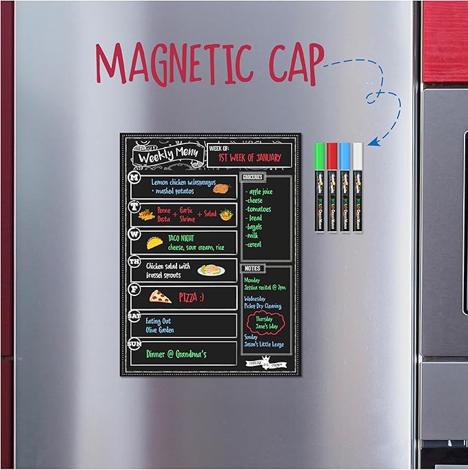 CHALKY CROWN Magnetic Dry Erase Menu Board for Fridge Includes 4 Liquid Chalk Markers - Weekly Meal Planner Blackboard, Grocery List & Notepad for Kitchen Refrigerator - Chalkboard Magnet