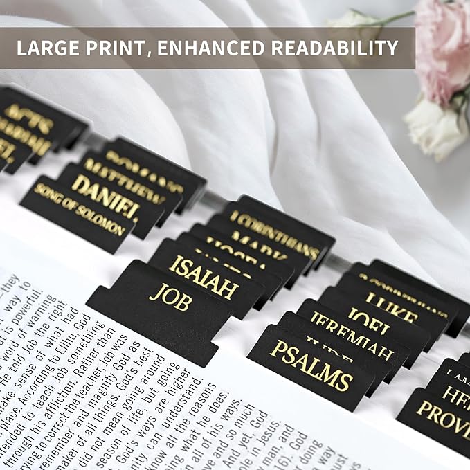 Bible Tabs for Women & Men, Laminated Bible Tabs for Study Bible, Large Print Bible Tabs for Easy Navigation, Bible Index Tabs, 66 Tabs Old & New Testament, Extra 9 Blank Tabs - Black