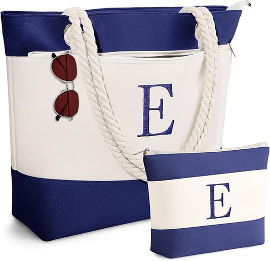 YOOLIFE Christmas Gifts for Women - Initial Canvas Tote Bag & Makeup Bag, Birthday Gifts for Women Mom Teacher Friend Sister