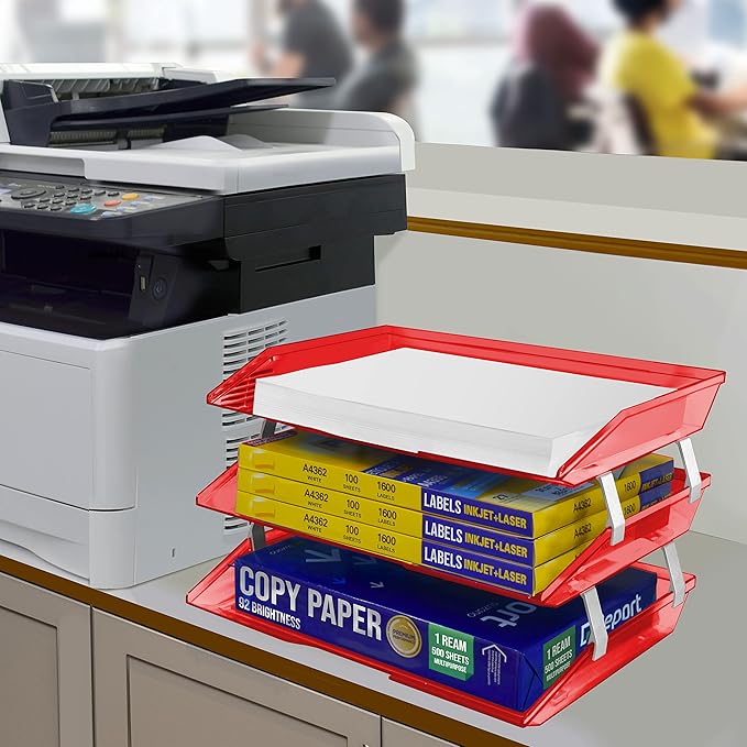 Acrimet 3 Tier Side Load Letter Tray Facility, Desktop File Organizer, A4 Letter Size Paper Organizer, Minimalist Storage Solution Paper Tray for Office, Home, Classroom (Plastic, Clear Red Color)