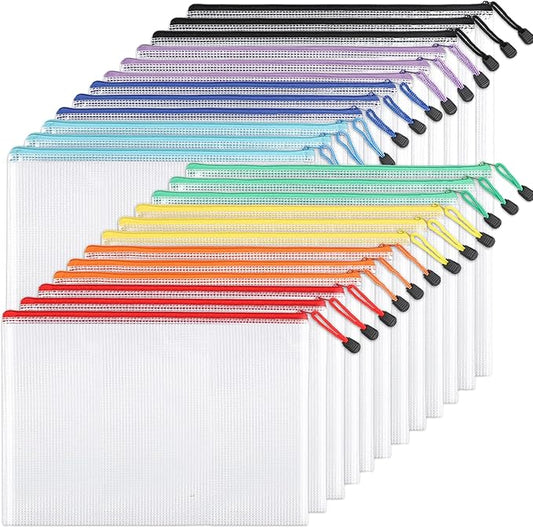 EOOUT 24pcs Mesh Zipper Pouch Bags, A4 Zipper Bags for Organizing Storage, Waterproof Zipper Pouches, Letter Size, File Bags for School, Toys, Puzzle, Board Games and Office Supplies