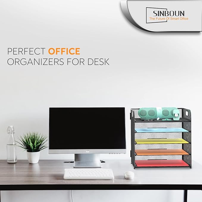 2 Pack Letter Tray Paper Organizer 5-Tier Desk Organizer File Organizer Paper Holder with Handle, Metal Desktop Document Shelf Tray Office Classroom Organization - Black