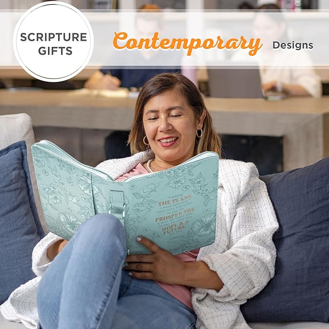 Christian Art Gifts Faux Leather Fashion Bible Cover: I Know The Plans I Have for You - Jeremiah 29:11 Inspirational Bible Verse, Debossed Floral Teal Design, Large