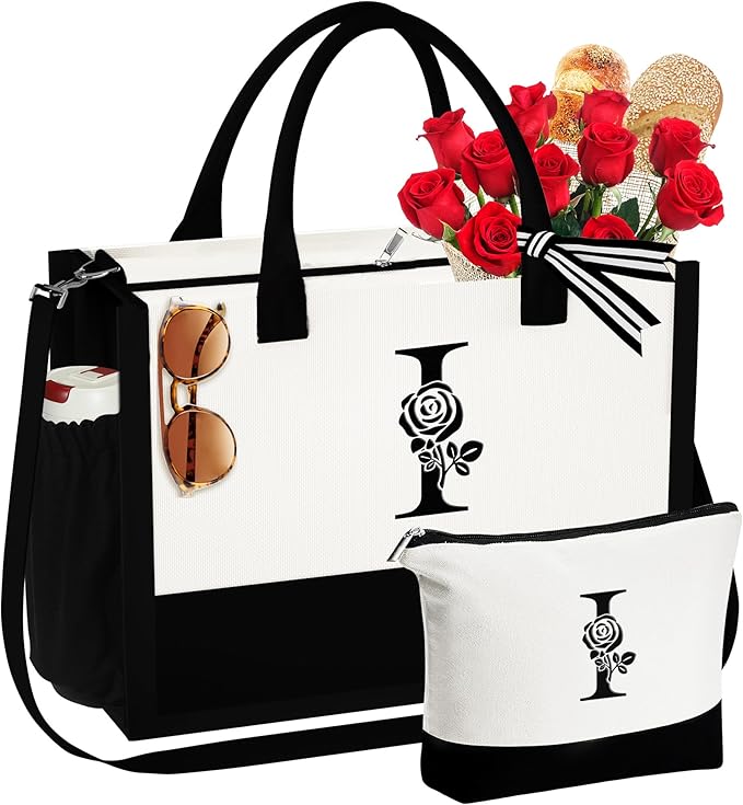YOOLIFE Christmas Gifts for Women - Initial Canvas Tote Bag & Makeup Bag Birthday Gifts for Women Mom Friend Teacher Sister