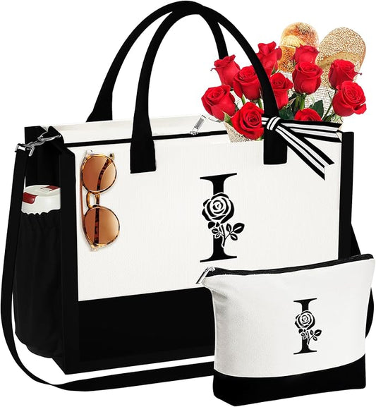 YOOLIFE Christmas Gifts for Women - Initial Canvas Tote Bag & Makeup Bag Birthday Gifts for Women Mom Friend Teacher Sister
