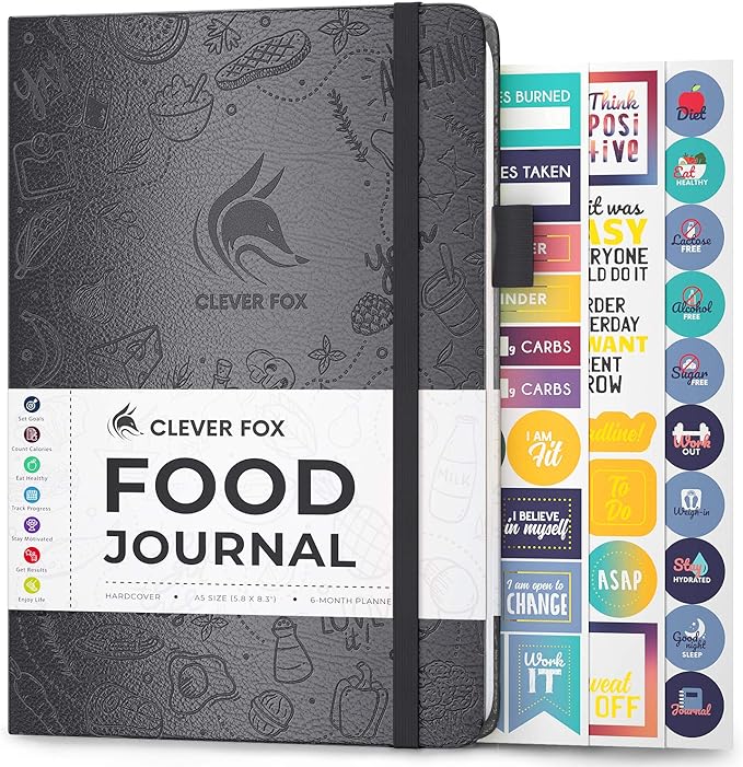 Clever Fox Food Journal - Daily Food Diary, Meal Planner to Track Calories & Nutrients, Weight Tracker Notebook, A5 (Silver Black)