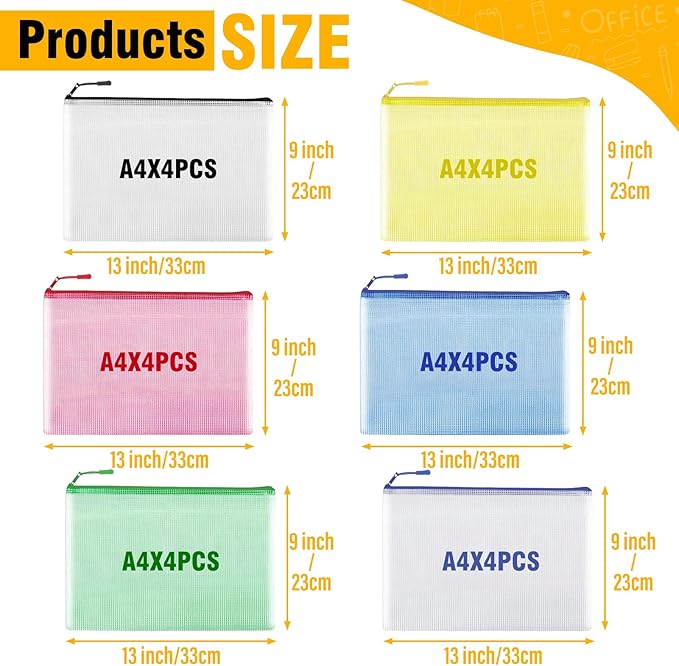 24pcs Mesh Zipper Pouch Bags, Zipper Bags for Organizing, A4 Zipper Bags for Classroom Organization and Storage, Board Game Storage,Puzzle Bags