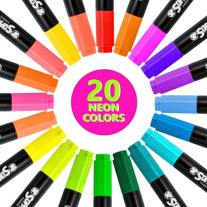Super Markers 60 Unique Primary, Pastel, Neon Colors Dual Tip Fabric & T-Shirt Marker Set - Double-Ended Fabric Markers with Chisel Point and Fine Point Tips - Bright Vibrant Bold Permanent Ink Colors