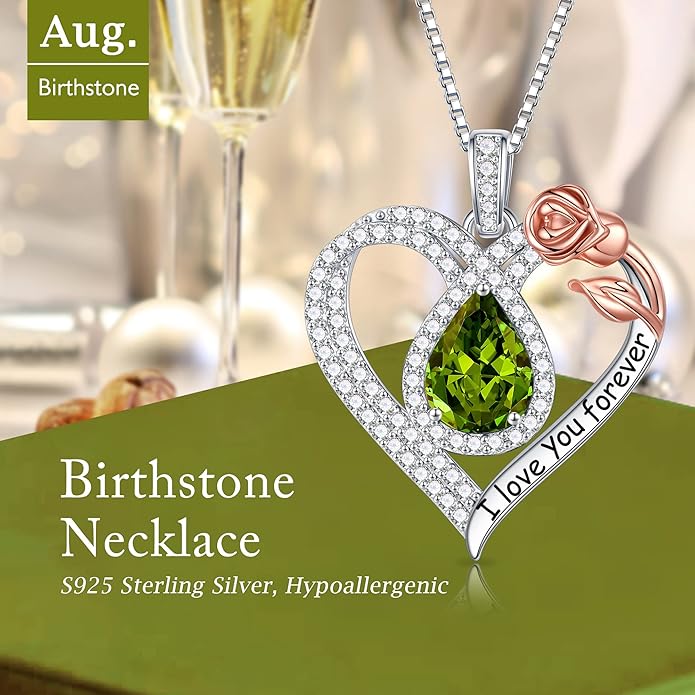Hidepoo Christmas Gifts for Women Mom Wife - Sterling Silver Rose Heart Birthstone Necklace I Love You Forever Heart Pendant Teardrop Necklace Jewelry Anniversary Valentines Christmas Birthday Gifts