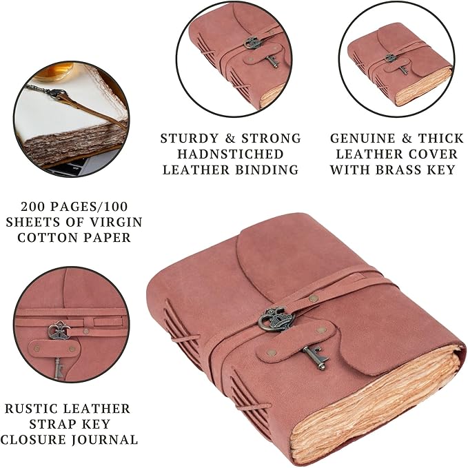 LEATHER VILLAGE Vintage Leather Journal – 200 Handmade Vintage Deckle Edge Paper – Leather bound Journal For Women Men – Vintage Key Closure - Book of Shadows - Red Brown - 6X4 inches (A6)