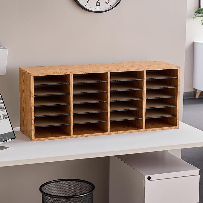 Safco Wooden Paper and Mail Organizer for Home Office and Classroom, Adjustable Shelves and Stackable, 32 Compartments with Drawers, Medium Oak