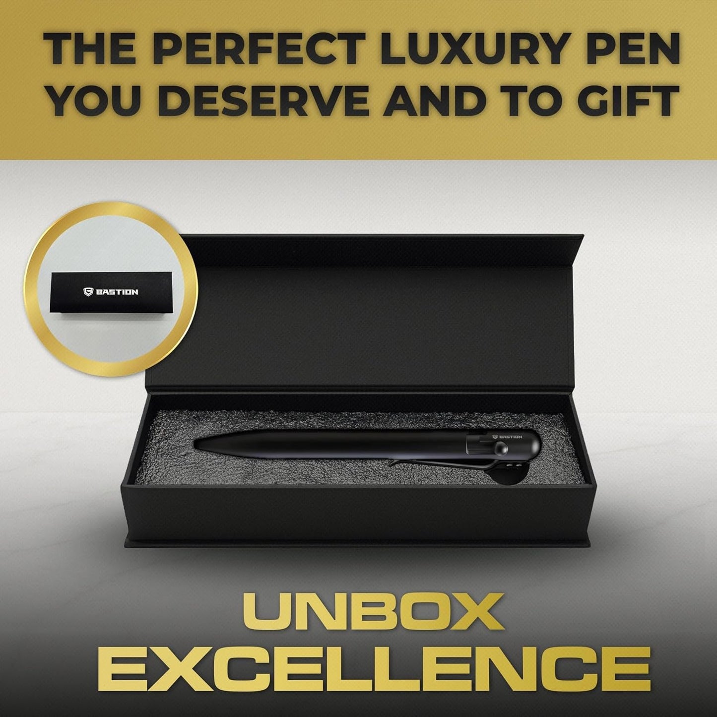 BASTION® Luxury Slim Bolt Action Pen, Durable EDC Pen with Fine Tip, Professional Ballpoint Pen for School and Work - Stainless Steel Black