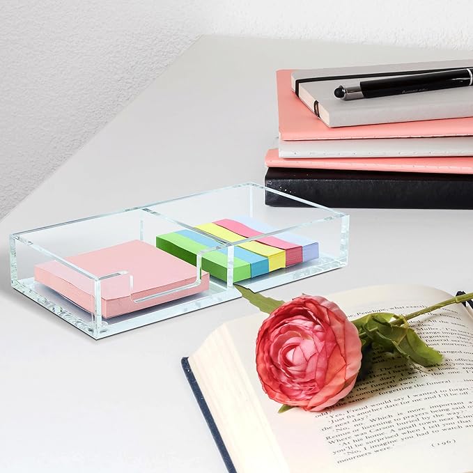 Sticky Notes Holder 2in1 Memo Pad Dispenser,7.8" x 3.9" x 1.4" Clear Desk Supplies Organizer Accessories for Office Home School Post Bank (DP013)