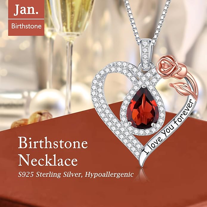 Hidepoo Christmas Gifts for Women Mom Wife - Sterling Silver Rose Heart Birthstone Necklace I Love You Forever Heart Pendant Teardrop Necklace Jewelry Anniversary Valentines Christmas Birthday Gifts