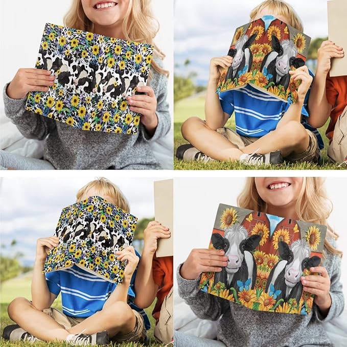 Cow Sunflower Jumbo Book Sox 2 Pack, 9x11 Inch Stretchable Book Sox Suitable for Boys and Girls, Durable, Washable and Reusable Book Protector Textbook Cover