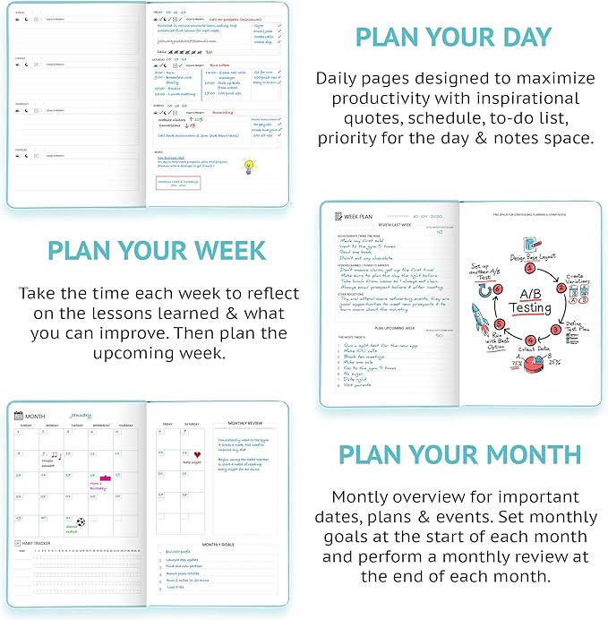 Pro - Goal Setting Planner to Increase Productivity and Achieve Personal and Business Goals. 12 Month Undated Daily, Weekly and Monthly Journal Organizer with Calendar (Turquoise)