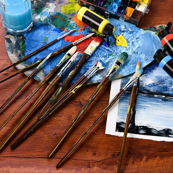 Fuumuui Professional Oil Paint Brush Set, 11pcs Superior Hog Bristle Paint Brushes Perfect for Oil Acrylic Gouache Painting