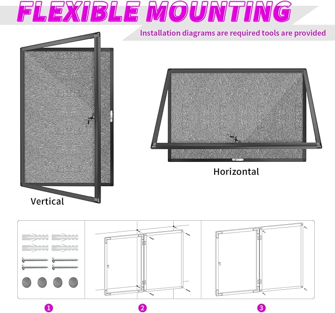 Outdoor Enclosed Bulletin Board, Grey Felt Weatherproof Notice Noticeboard with Clear Acrylic Locking Door, Wall-Mounted Black Aluminum Framed Display Case,36x24in (5xA4)