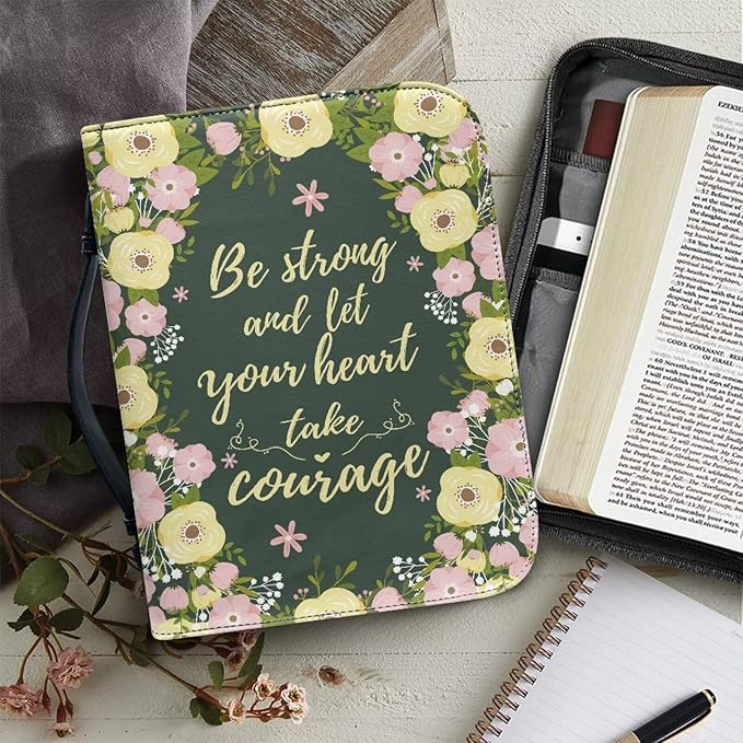 Lotusorchid Floral Bible Book Cover Case with Handle Pocket, Portable Bible Cover Case with Pen Storage, Sturdy PU Bible Tote Bag with Verse for Women Girls, Bible Accessories, Green,2XL