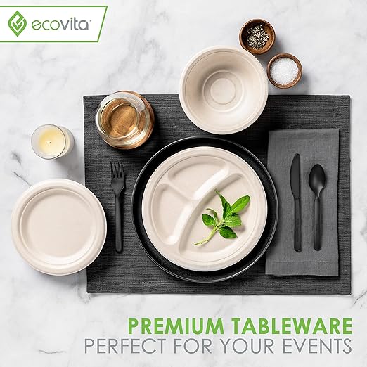 100% Compostable Forks Spoons Knives Cutlery Combo Set - 380 Large Disposable Utensils (7 in.) Eco Friendly Durable and Heat Resistant Alternative to Plastic Silverware with Convenient Tray