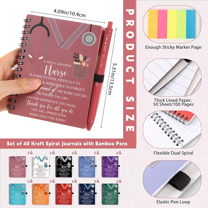 Jetec 40 Sets 2025 Nurse Appreciation Gift Thank You Gifts for Medical Nursing Assistants Inspirational Spiral Notebook Journal with Sticky Note Notepad Ballpoint Pen Bulk for Nurse Coworker Doctor
