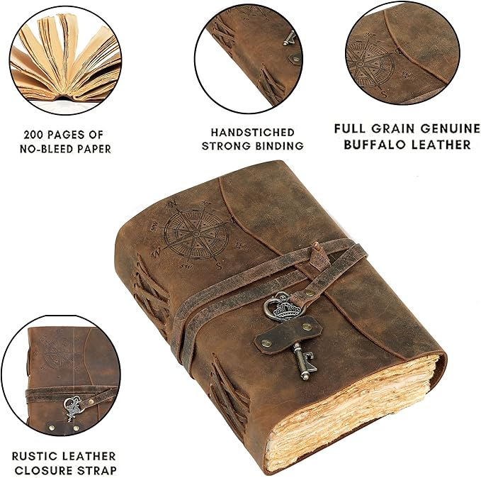 cuero Compass Vintage Leather Journal Antique Handmade Bound Journal with Deckle Edge Paper Diary Leather Sketchbook Drawing Journal Notebook Great Gift Men & Women (Caramel Brown, 11X8 Inch)